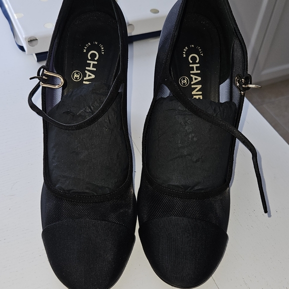 Chanel Mesh Grosgrain Pearls Cap Toe Open Pumps 41  Black - Picture 2 of 8